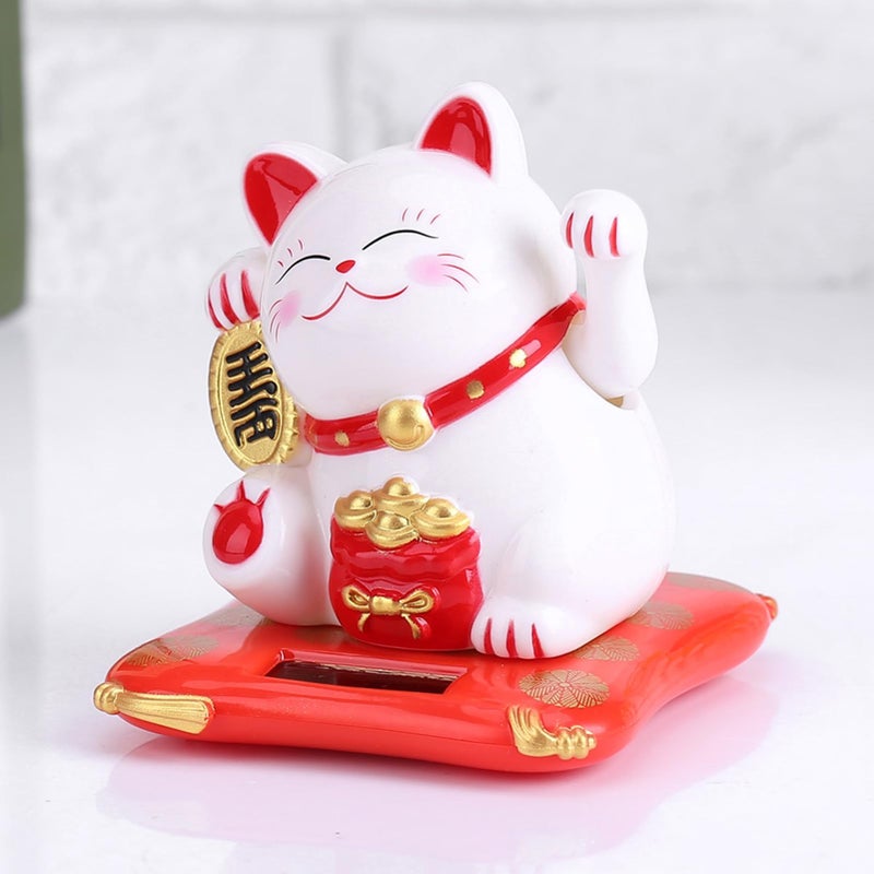 Hongzer Solar Powered Cute Waving Cat, Maneki Neko Waving Arm for Fortune Money and Good Luck, Fengshui Lucky Cat Swinging Arm for Home Display/Car Decor (White) - Image 4